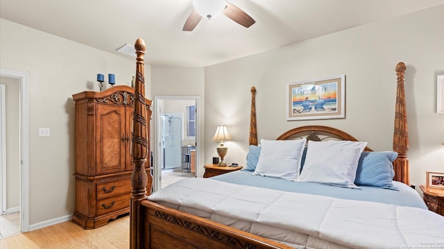 bedroom with ceiling fan and light hardwood / wood-style flooring