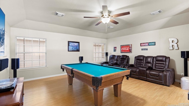 game room with ceiling fan, light hardwood / wood-style floors, lofted ceiling, and pool table