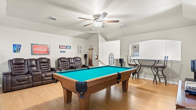 game room with ceiling fan, pool table, lofted ceiling, and light wood-type flooring