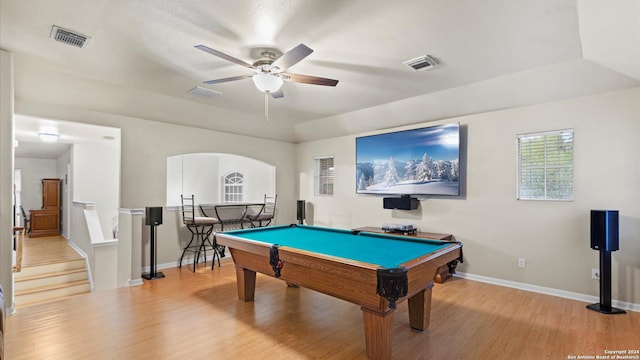 recreation room with hardwood / wood-style flooring, ceiling fan, and pool table