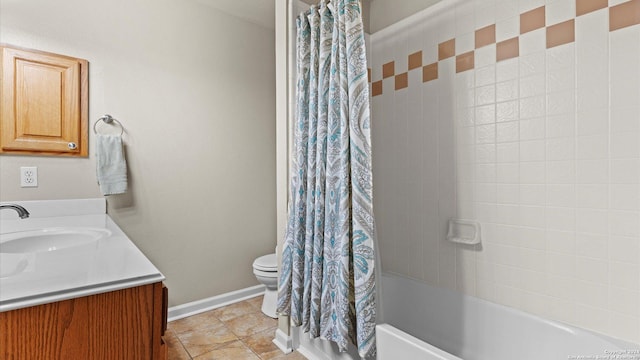 full bathroom featuring tile patterned floors, vanity, shower / tub combo, and toilet