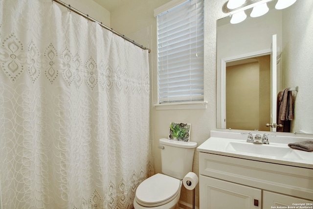 bathroom with a wealth of natural light, vanity, and toilet