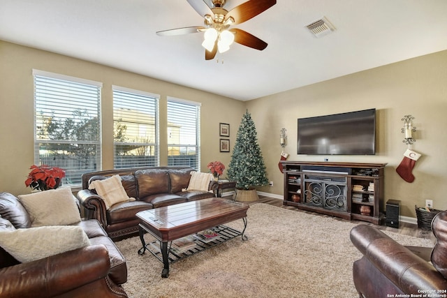 living room featuring ceiling fan