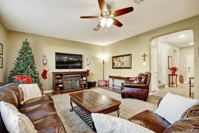 living room featuring ceiling fan