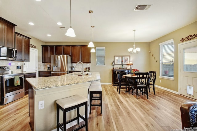 kitchen with decorative light fixtures, light hardwood / wood-style flooring, stainless steel appliances, and an island with sink