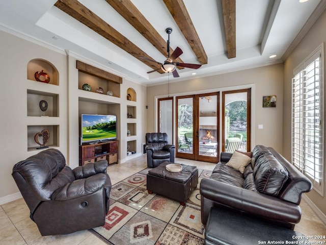 living room featuring light tile patterned floors, baseboards, built in features, french doors, and beam ceiling