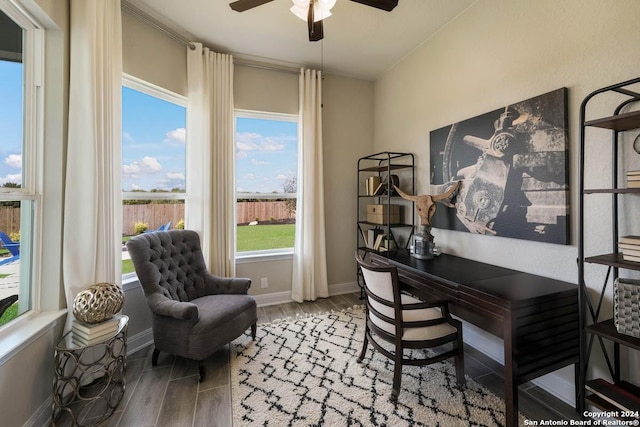 home office with wood-type flooring, a wealth of natural light, and ceiling fan