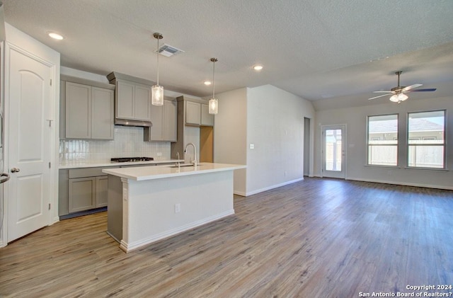 kitchen with gray cabinets, sink, a kitchen island with sink, and light hardwood / wood-style flooring