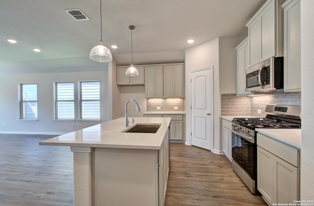 kitchen with an island with sink, stainless steel appliances, light hardwood / wood-style floors, and sink