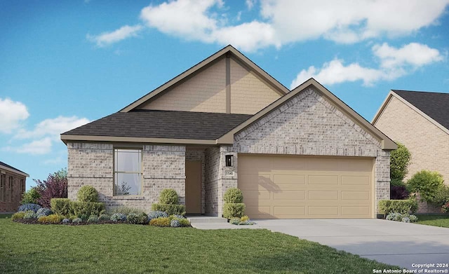 view of front of property featuring a front lawn and a garage