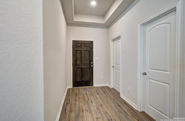 doorway featuring light hardwood / wood-style floors and a raised ceiling