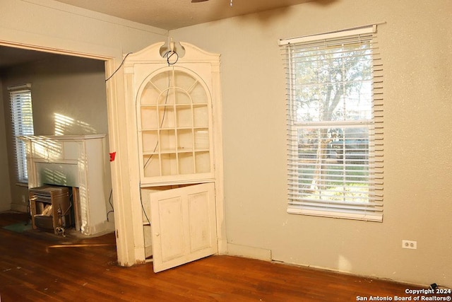 interior details with ceiling fan and wood-type flooring