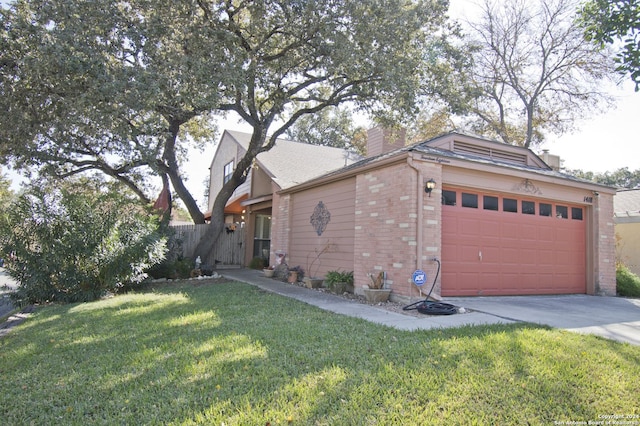 view of home's exterior with driveway, a chimney, a garage, a lawn, and brick siding