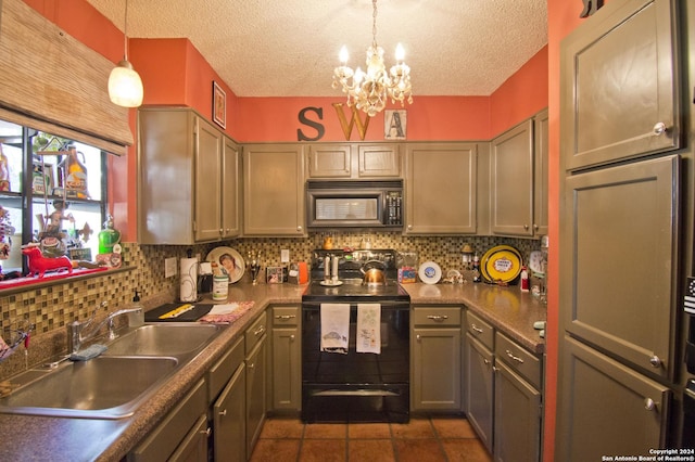 kitchen with backsplash, a textured ceiling, sink, black appliances, and decorative light fixtures