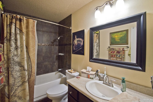 full bathroom featuring vanity, shower / bath combination with curtain, a textured ceiling, and toilet