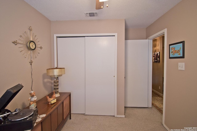 interior space featuring light colored carpet, a textured ceiling, and a closet