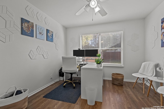 office featuring ceiling fan and dark wood-type flooring