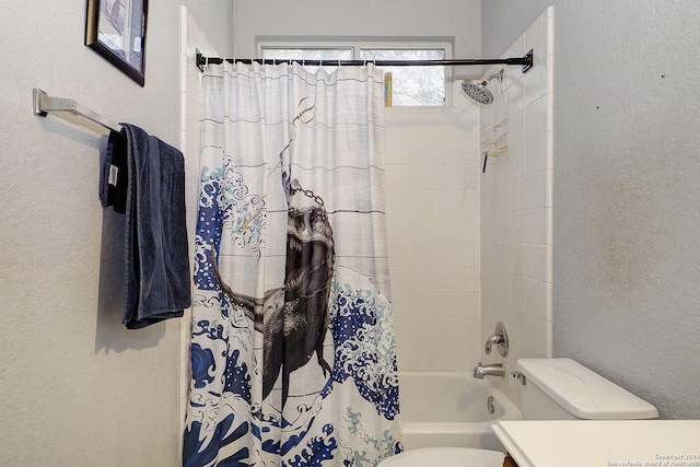 full bathroom featuring vanity, toilet, and shower / bathtub combination with curtain