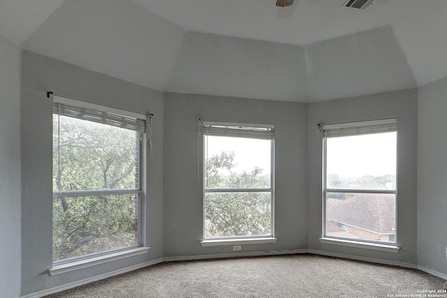 carpeted empty room with lofted ceiling and a wealth of natural light