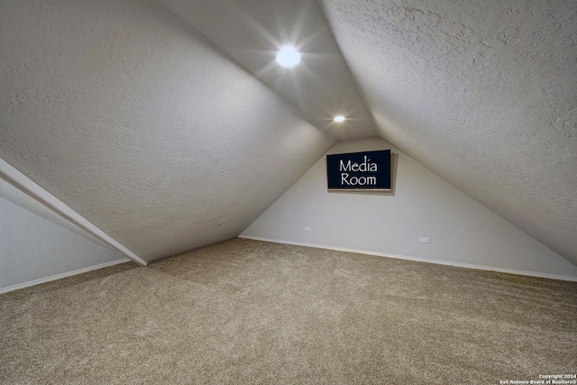 additional living space with vaulted ceiling, carpet floors, and a textured ceiling