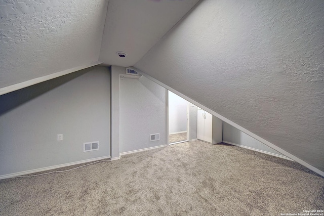 additional living space featuring a textured ceiling, carpet, and lofted ceiling