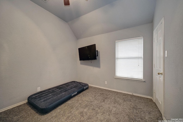 carpeted bedroom featuring vaulted ceiling and ceiling fan