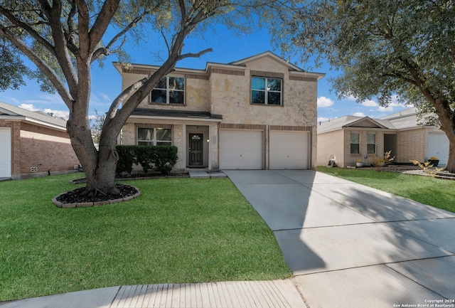 front facade with a garage and a front lawn