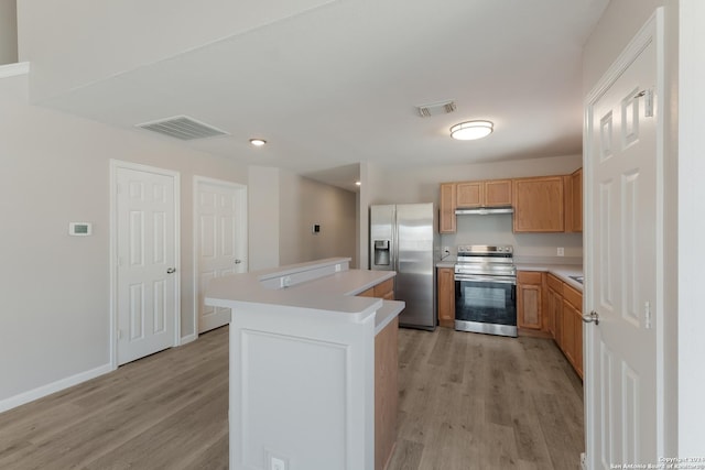 kitchen featuring a center island, stainless steel appliances, and light hardwood / wood-style flooring