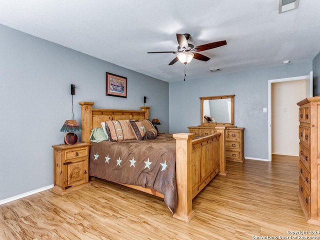 bedroom featuring ceiling fan and light hardwood / wood-style flooring