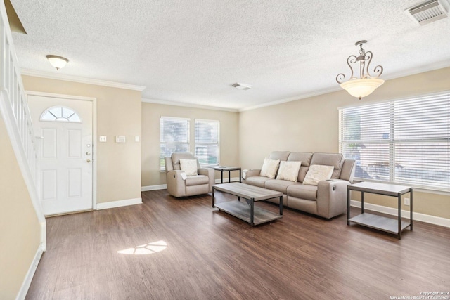 living room featuring a textured ceiling, dark hardwood / wood-style floors, and crown molding