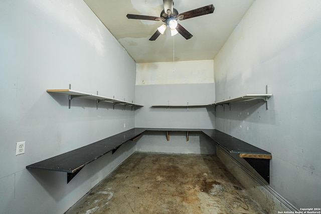 basement featuring ceiling fan