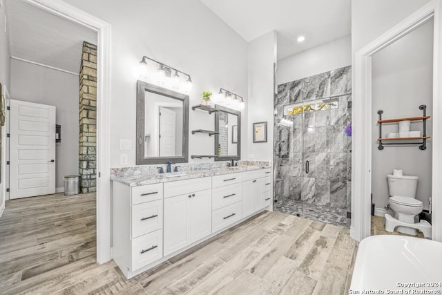 bathroom with toilet, hardwood / wood-style floors, vanity, and walk in shower