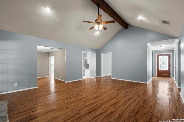 unfurnished living room with beam ceiling, hardwood / wood-style flooring, high vaulted ceiling, and ceiling fan