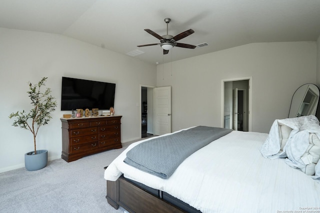 carpeted bedroom featuring vaulted ceiling and ceiling fan