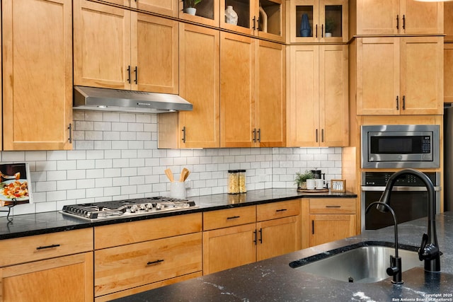 kitchen with tasteful backsplash, sink, dark stone counters, and appliances with stainless steel finishes