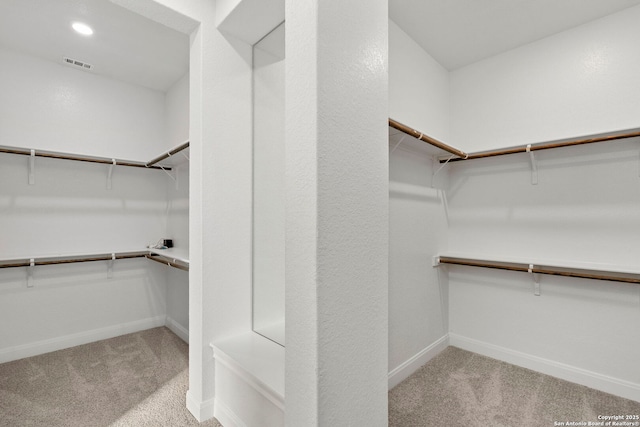 walk in closet featuring light colored carpet