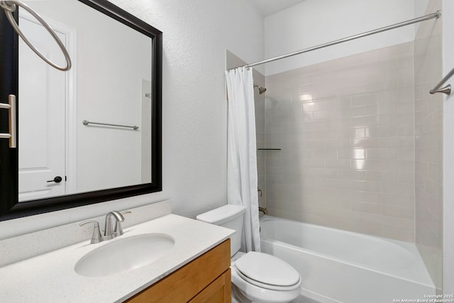 full bathroom with toilet, vanity, and shower / tub combo with curtain