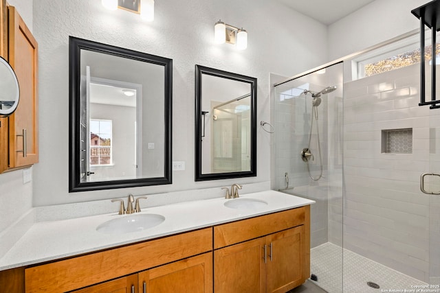 bathroom featuring vanity and a shower with door