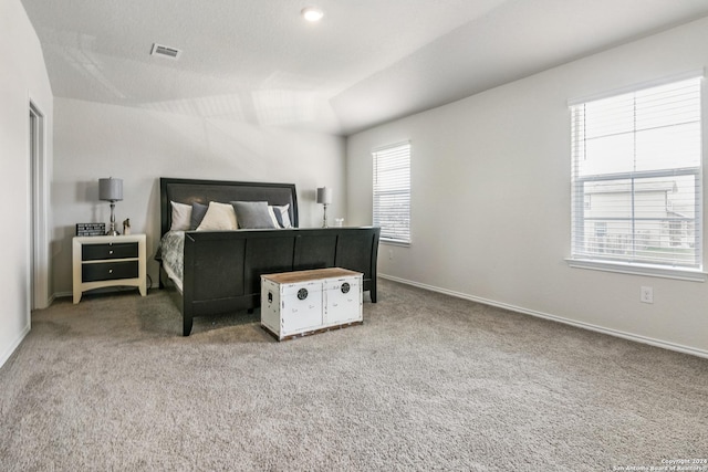 bedroom featuring carpet, vaulted ceiling, and multiple windows