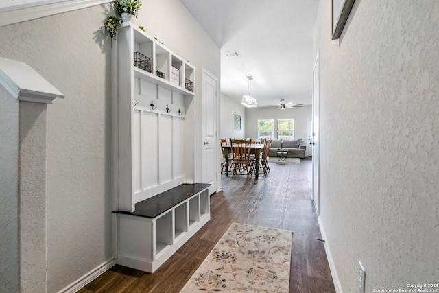 mudroom featuring ceiling fan and dark wood-type flooring