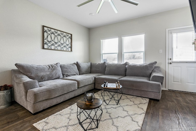 living room with dark hardwood / wood-style floors, a healthy amount of sunlight, and ceiling fan