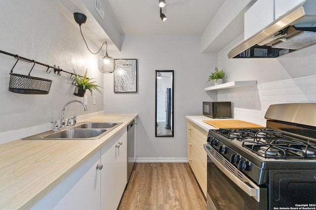 kitchen featuring tasteful backsplash, range with gas stovetop, a sink, range hood, and stainless steel dishwasher