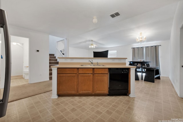 kitchen with dishwasher, sink, light carpet, a kitchen island with sink, and ceiling fan with notable chandelier