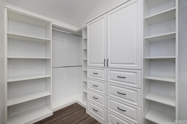 spacious closet featuring dark hardwood / wood-style flooring and vaulted ceiling