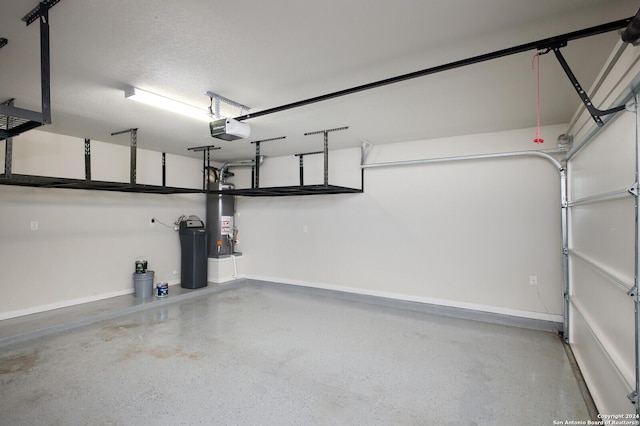 garage with a garage door opener and gas water heater