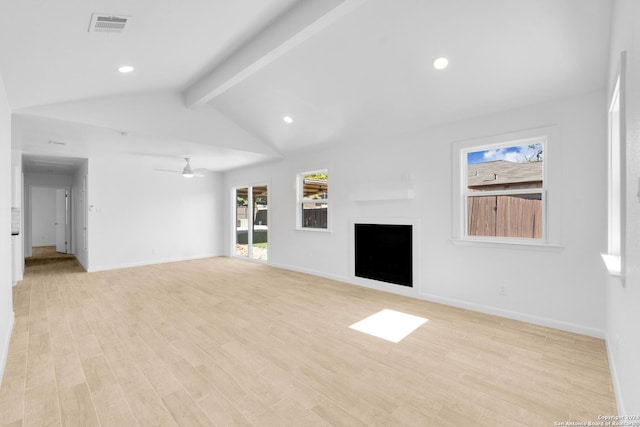 unfurnished living room with vaulted ceiling with beams, ceiling fan, and light wood-type flooring