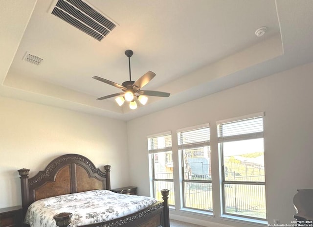 bedroom with a tray ceiling and ceiling fan