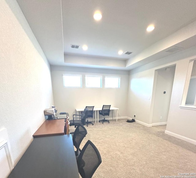 office space with carpet flooring and a raised ceiling