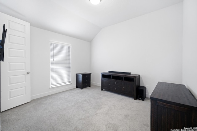 interior space with light colored carpet and lofted ceiling