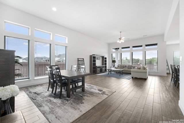 dining area featuring hardwood / wood-style flooring and ceiling fan